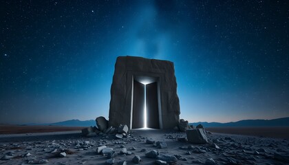 A mysterious stone monolith with a glowing portal stands in a desolate landscape under a starry night sky.