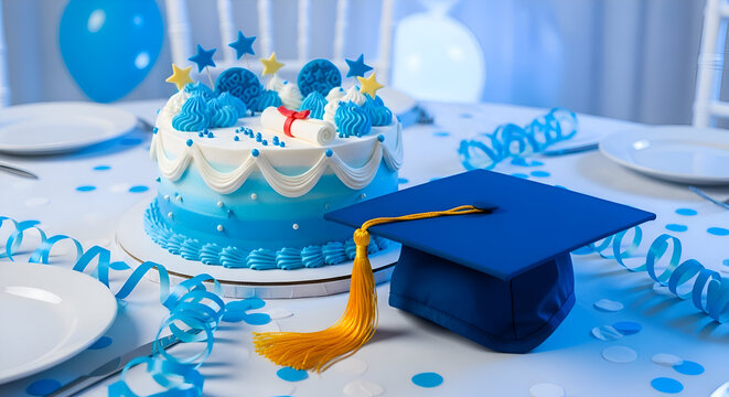 Celebration Of Achievement: Decorated Cake And Graduation Cap At Festive Event