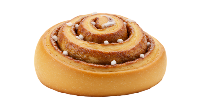 Close up of a single cinnamon roll with white sprinkles on a black background studio shot view on transparent background