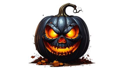 A Carved Halloween Pumpkin with an Evil Glowing Face, Detailed 3D Render, Isolated on Transparent Background
