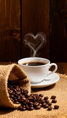 Fototapeta premium A steaming coffee cup forms a heart shape amid rustic beans on wood. 