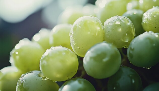 Close-up of a cluster of green grapes glistening with water droplets