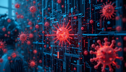 Visually striking digital depiction of microscopic viral particles invading a complex futuristic circuit board, symbolizing disease spread and technological threat.