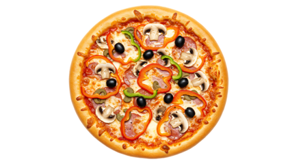 A top down view of a pizza with mushrooms peppers olives and meat on a black solid color background on transparent background