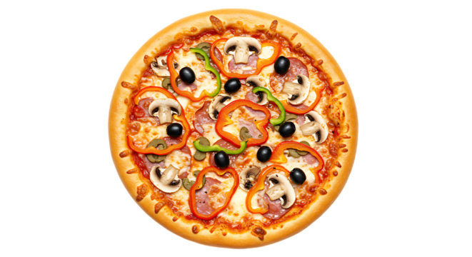 A top down view of a pizza with mushrooms peppers olives and meat on a black solid color background on transparent background - Powered by Adobe