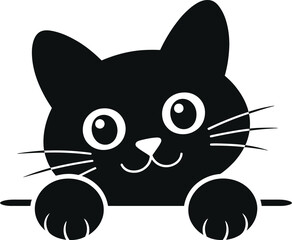 Cute black cat peeking with big eyes on transparent background silhouette