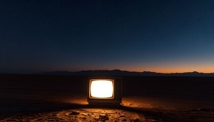 An old television set with a glowing screen sits alone in a vast, dark desert landscape at dusk.