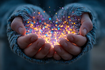 Hands holding sparkling lights in cupped palms with a blue knitted sleeve visible in the foreground
