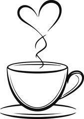 creative black line art of coffee cup forming a heart-shaped steam, symbolizing love for coffee, minimalist vector design, white background, elegant smooth lines 2
