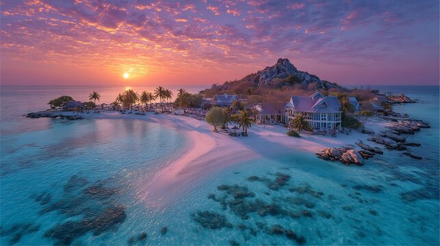 Scenic island view featuring a tranquil beach, clear turquoise waters, and a vibrant sunset sky.