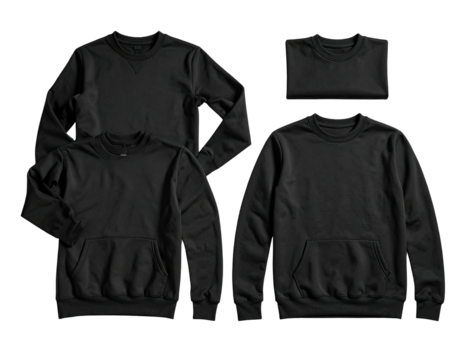Four black sweatshirts displayed