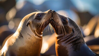 Two seals nose to nose, affectionate moment