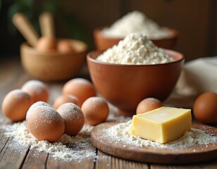 Fototapeta premium Eggs and butter sit on a rustic wooden table with flour piled high in ceramic bowls. Fresh ingredients ready for baking and cooking in a cozy kitchen.