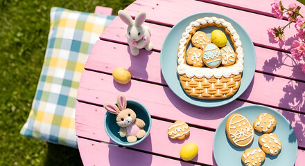 Cheerful Easter Tabletop Composition with Easter Bunny Figurines and Sweet Baked Goods
