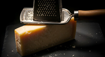 Cheese Grating Process: A Close-Up View of Culinary Preparation on Dark Background,