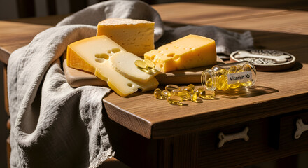 Cheese, Vitamin K2 Supplements, Wooden Surface, Sunlight Interactions, Nutritional Focus