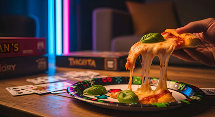 Cheesy Pizza Slice Held High, Game Night Scene, Delicious And Fun Leisure Time