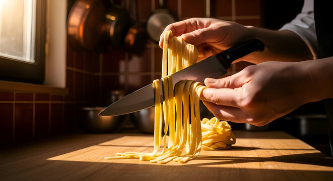 Chef Cutting Fresh Pasta With A Knife In A Brightly Lit Kitchen Environment