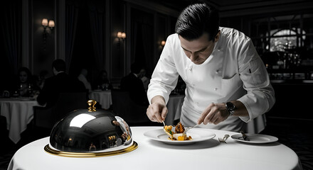 Chef Expertly Plates Exquisite Cuisine in Fine Dining Restaurant for Presentation