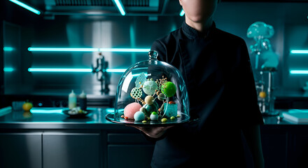Chef Showcases Unique Culinary Creation Under Glass Dome In Modern Kitchen Setting