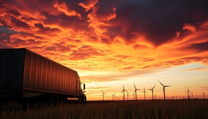 Obraz premium A semi-truck travels across a field with wind turbines under a vibrant sunset.