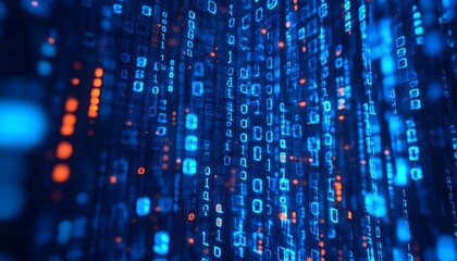 Abstract digital stream of binary code data in blue and orange