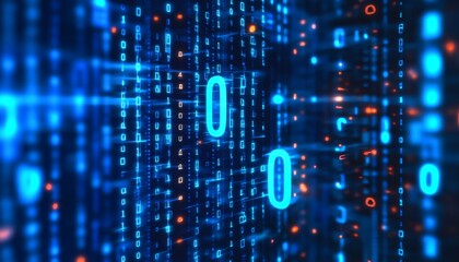Abstract digital background with glowing blue binary code