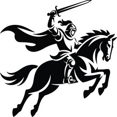 Medieval knight riding a horse with a sword black silhouette on transparent background