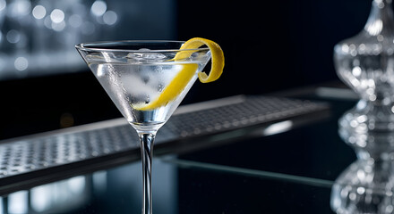Chilled Martini Cocktail With Lemon Twist Serving In A Sophisticated Bar Setting Image