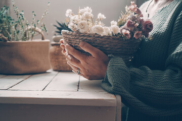 Woman at home arranging a bouquet of fresh flowers, smiling and serene in soft natural light,...