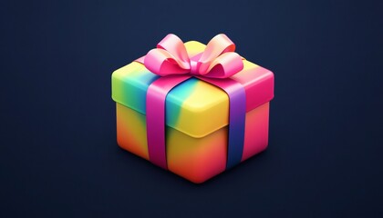 Fototapeta premium A vibrant rainbow gift box with a pink ribbon sits on a dark background