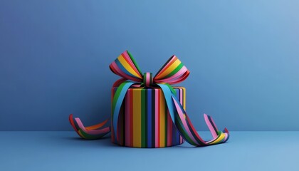 Fototapeta premium Colorful striped gift box with a big rainbow ribbon