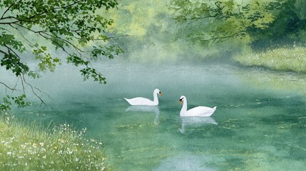 Swans swimming gracefully in a serene pond highkey watercolor art tranquil nature scene