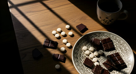 Chocolate Delight And Sweet Treats Composition With Coffee Cup And Shadow