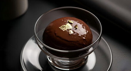 Chocolate Dessert with Gold Leaf, Elegant Glass, and Fine Dining Presentation