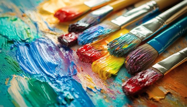 Close-up view of paintbrushes resting on a colorful palette