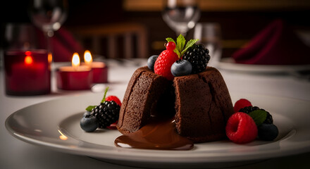 Chocolate Lava Cake With Berries, Ambiance And Burning Candles For A Romantic Dinner