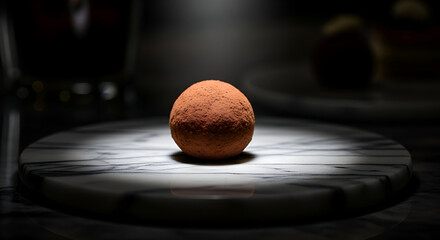 Chocolate Truffle Elegantly Positioned on Marble Illuminated by a Single Spotlight