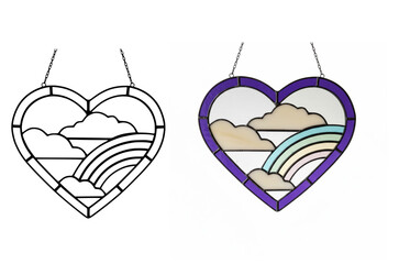 Stained Glass Heart with Pastel Rainbow and Clouds | Handmade Glass Suncatcher Window Hanging