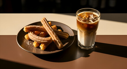 Churros Delight Alongside Iced Drink Perfect Blend, Shadow Play, Culinary Photography
