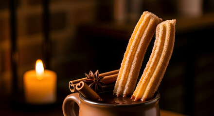Churros Dipped In Hot Chocolate With Candle, Warm Comfort Food Image For Stock Platforms