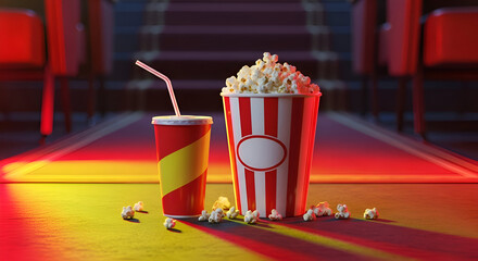 Cinema Snacks: Delicious Popcorn and Refreshing Drink in a Classic Theater Setting