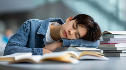 A student asleep on desk surrounded by open books — blured background, with copy space.