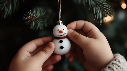Childhood Holiday: A child places a charming snowman ornament on a Christmas tree, creating a magical, festive atmosphere with warmth and joy.