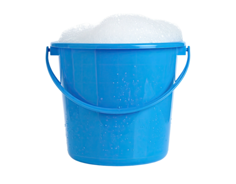 A blue plastic bucket overflowing with suds