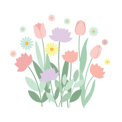 Obraz premium Pastel flower bouquet blooming gently on white surface, showcasing soft colors and delicate petals in a serene and peaceful composition.