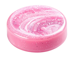 Round, pink cosmetic product with swirling design