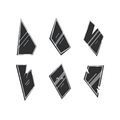 Set of six abstract geometric shapes with sharp edges and reflective surfaces, isolated on transparent background