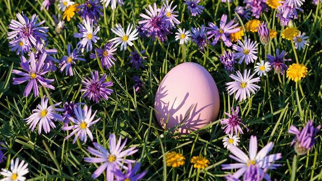 A close-up, eye-level shot of a pink egg nestled among vibrant purple and yellow flowers, perfect for a spring-themed video backdrop.