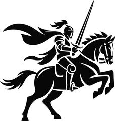 Medieval knight riding a horse in dynamic pose on transparent background silhouette